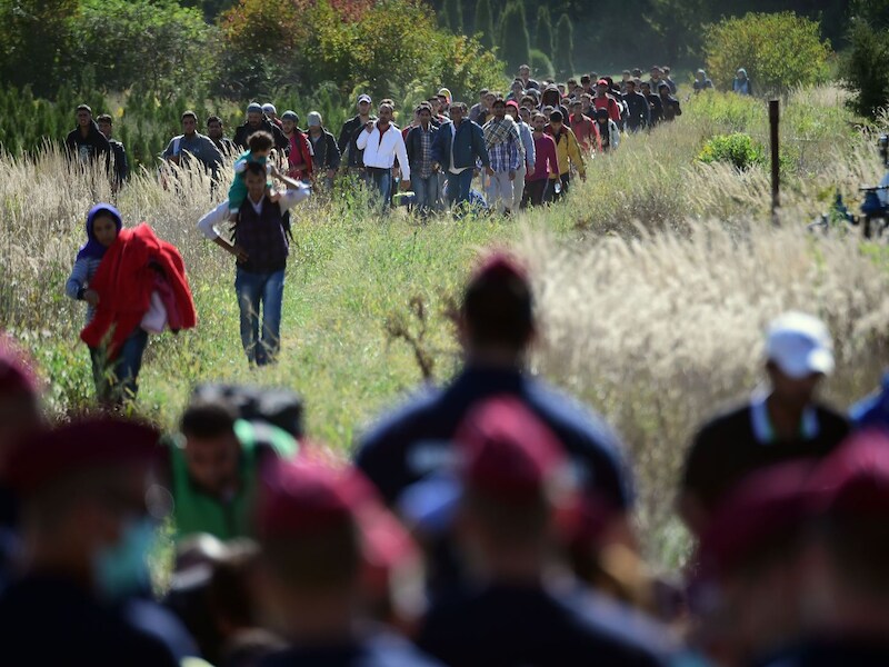 Hongaarse agenten en vluchtelingen aan de grens met Kroatië.