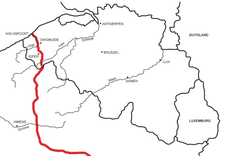 De frontlijn tijdens de Eerste Wereldoorlog in de Westhoek.