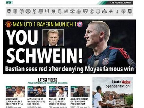Na de wedstrijd tussen Manchester United en Bayern München van woensdag plaatste The Sun de kop 'You Schwein!' op haar site.