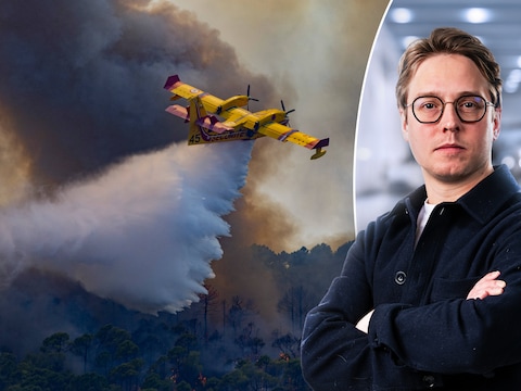 Een blusvliegtuig dropt water op een bosbrand in het zuiden van Frankrijk. Rechts: politiek journalist Timmie van Diepen.