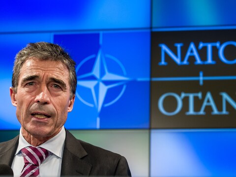 Anders Fogh Rasmussen op een persbijeenkomst vandaag in Brussel.