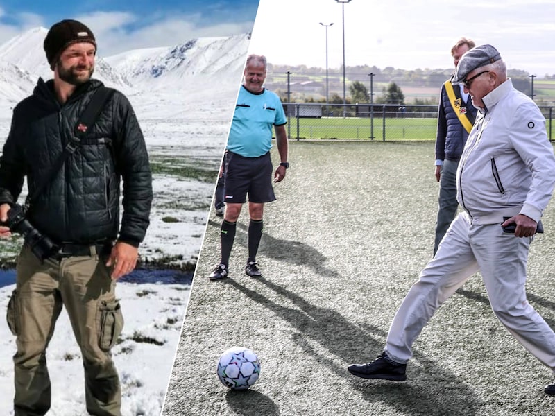 David Dhaen (links) is een wereldreiziger uit Aalst en ontsnapte mogelijk aan de dood door een gemiste vlucht. Prins Laurent (rechts) gaf de aftrap op 10 jaar G Voetbal in Kortrijk.