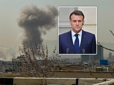 Een rookpluim stijgt op boven Teheran na een gemelde explosie, nadat Israël een “preventieve aanval” op Iran aankondigde / Inzet: De Franse president Emmanuel Macron