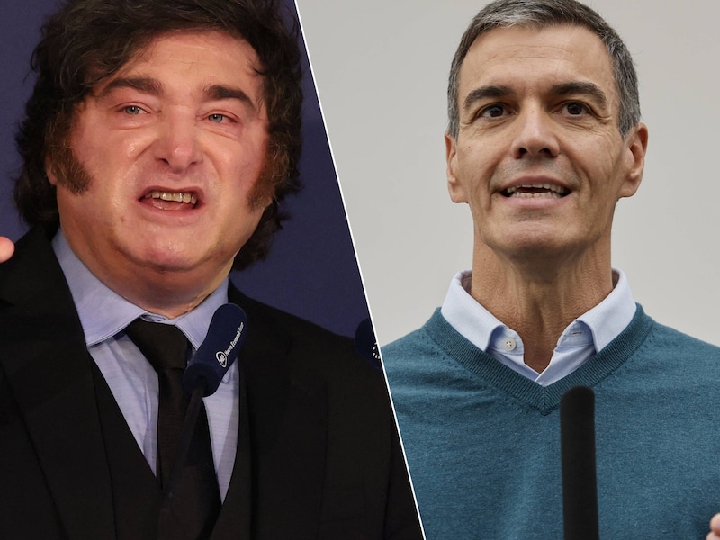 L: de Argentijnse president Javier Milei. R: de Spaanse premier Pedro Sánchez.