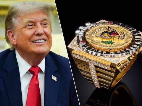 De Amerikaanse president Donald Trump. / De extravagante ring met diamenten die het Amerikaanse staatsfhoofd ontving. 