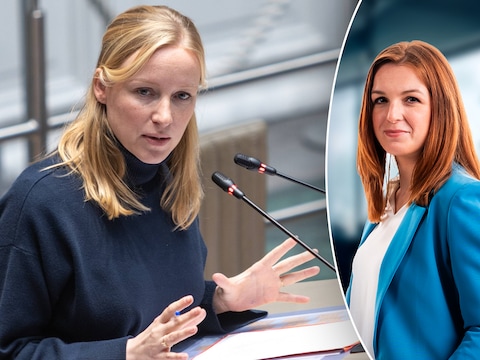 Links: Vlaams minister van Wonen Melissa Depraetere (Vooruit), rechts: politiek journalist Astrid Roelandt