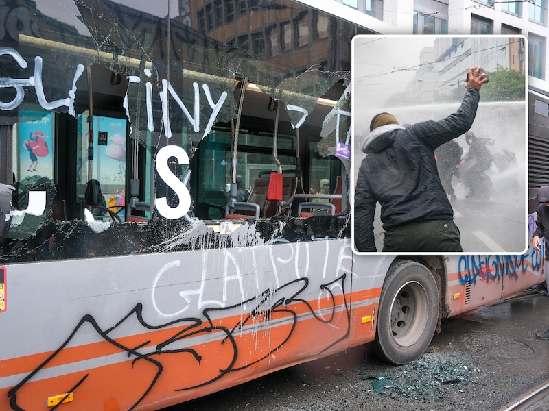 Verschillende bussen werden vernield en beklad met onder meer de naam van Valérie Glatigny, minister van Onderwijs in de Franse Gemeenschapsregering. Inzet: het waterkanon moest ingezet worden.