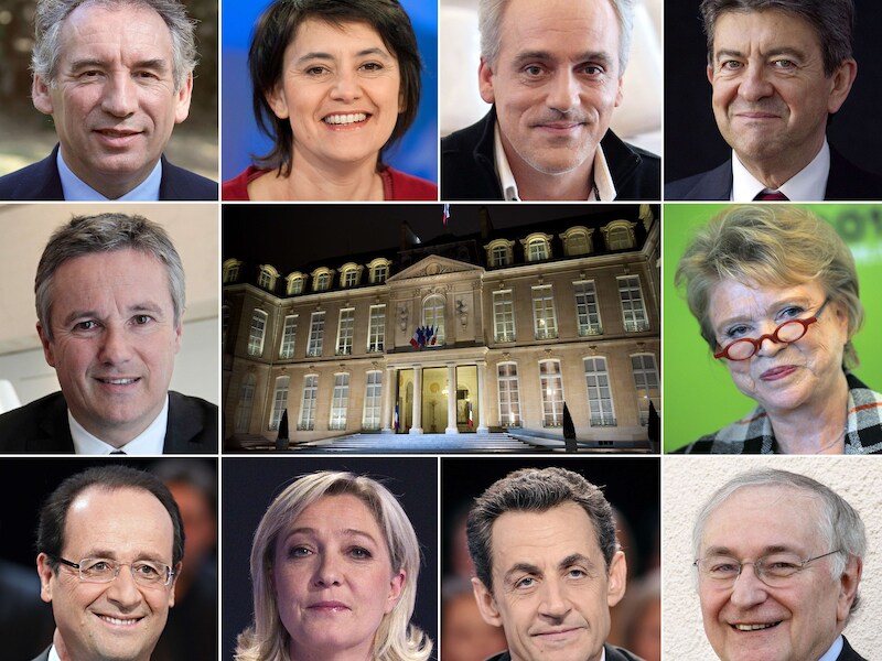 Francois Bayrou, Nathalie Arthaud, Philippe Poutou, Jean-Luc Melenchon, Nicolas Dupont-Aignan, Eva Joly, Francois Hollande, Marine Le Pen, president Nicolas Sarkozy en Jacques Cheminade.