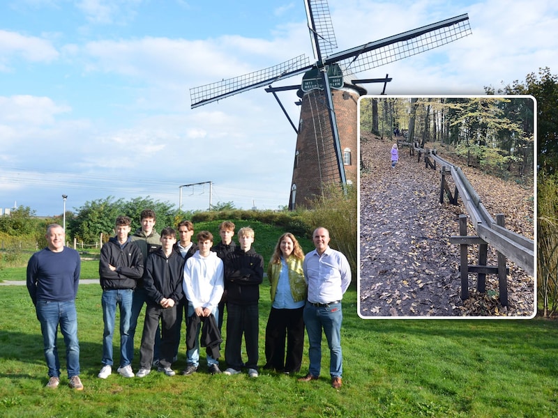 Ook aan de voet van de Heirbrugmolen zal er een knikkerbaan komen ontworpen en gemaakt door Lokerse leerlingen. Inzet: Illustratiebeeld van een knikkerbaan in het Duitse Holzgerlingen.