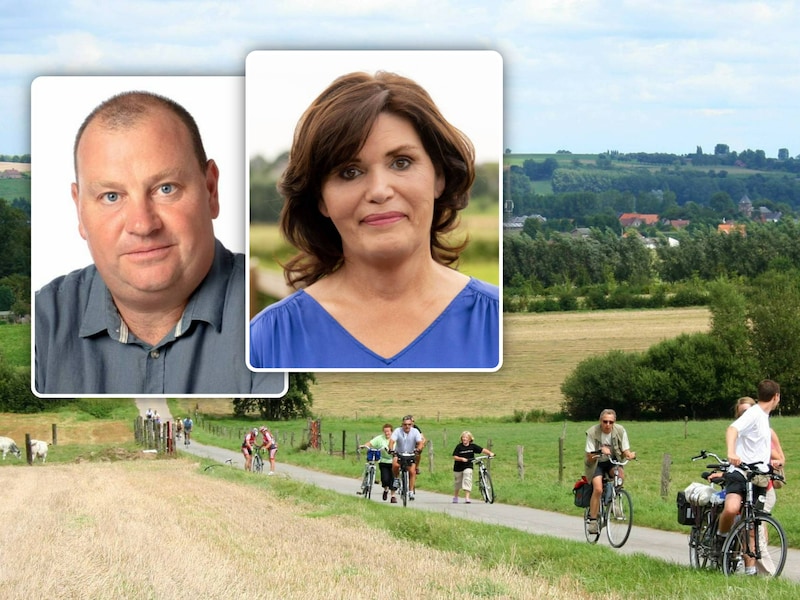 De Vlaamse Ardennen het walhalla voor wandel- en fietsvakanties bij toeristen. Inzet: Steven Contreras (Volksbelangen), schepen Katelijn Moerman (Nieuw Horebeke)