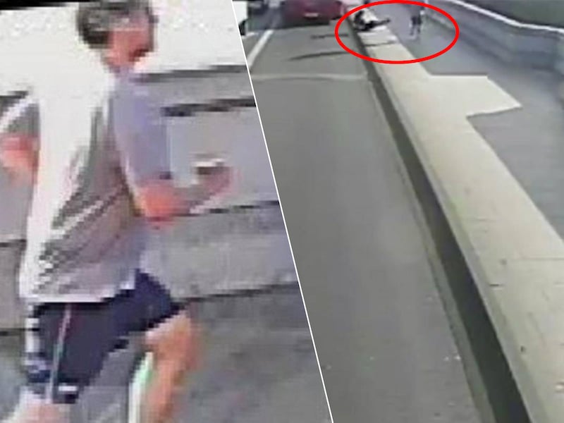 De verdachte jogger. / Beeld van een beveiligingscamera op Putney Bridge in Londen. (08/08/17)