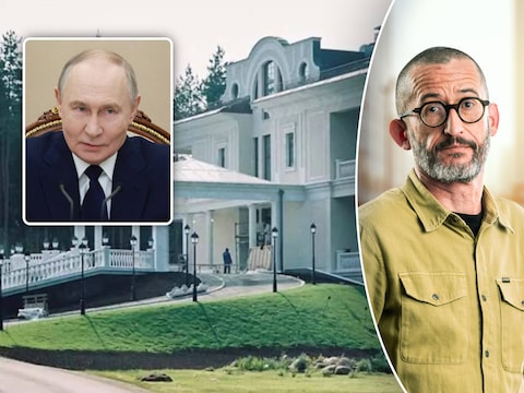 De Russische president Vladimir Poetin en zijn paleis aan het meer van Valdaj. Rechts onze buitenlandjournalist Guy Van Vlierden.