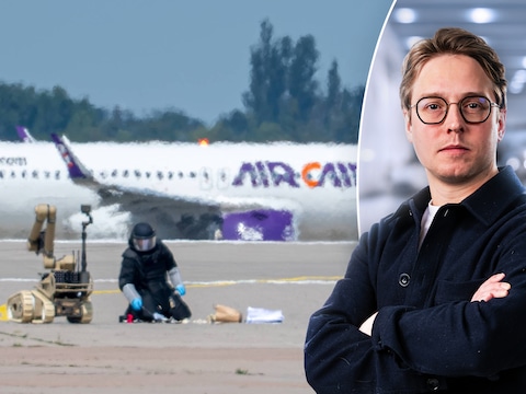 Een explosievenexpert aan het werk op de luchthaven van het Duitse Leipzig. Rechts: politiek journalist Timmie van Diepen.
