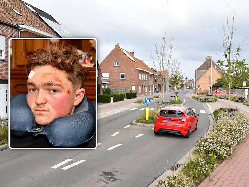 De plaats waar het ongeval met vluchtmisdrijf van Mathis Goudeseune (inzet) plaatsvond, in de Warandestraat in Moorsele. De aanrijder reed in dezelfde richting als deze rode auto, maar dan aan de linkerkant van de verkeersgeleider.