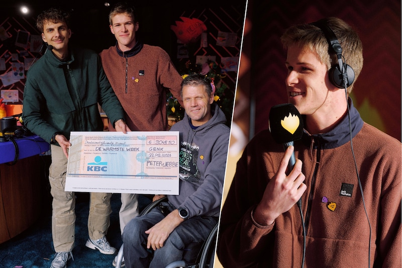 Jebbe (r.) samen met paralympisch kampioen Peter Genyn (l.) tijdens hun actie voor De Warmste Week.