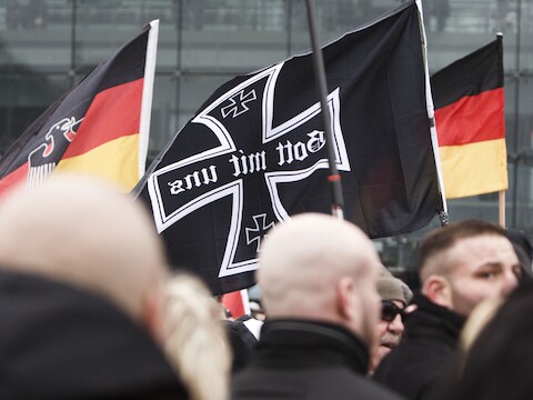 Protestactie van extreemrechts tegen het welkomstbeleid van Duits bondskanselier Merkel, maart dit jaar in Berlijn.