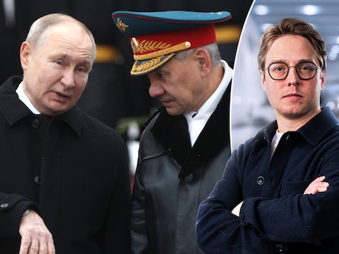 De Russische president Vladimir Poetin en Sergej Sjojgoe — toen nog defensieminister — begin 2024. Vreest Poetin voor een interne machtsgreep door Sjojgoe? Rechts: politiek journalist Timmie van Diepen.