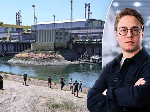 De kerncentrale van Paks in Hongarije. Ternauwernood ontsnapte de centrale aan stillegging door de lage waterstanden. Rechts: politiek journalist Timmie van Diepen.