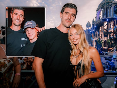 Thibaut Courtois en Mishel Gerzig op het Versuz-terras bij de Library. Inzet: met de Bornemse dj Pegassi, die getekend is bij het artiestenbureau van de doelman.