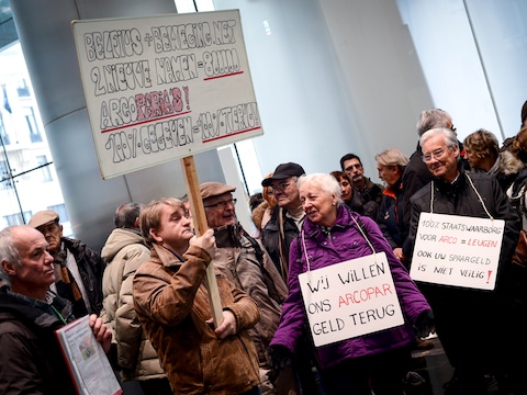 Arco-gedupeerden hielden in december nog een protestactie aan het hoofdkantoor van Belfius in Brussel.
