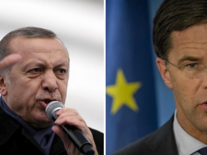 Turks president Erdogan. Foto rechts: uittredend Nederlands premier Mark Rutte.
