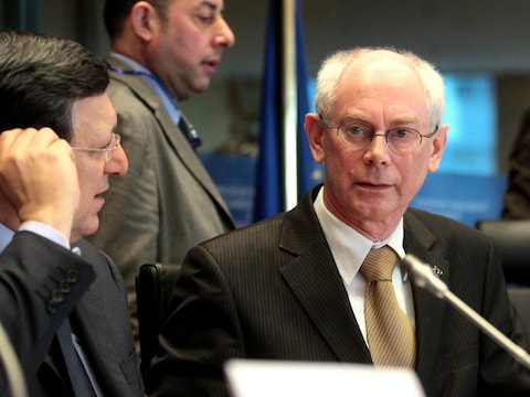 Herman Van Rompuy (R) kwam vandaag de Europese Meerjarenbegroting verdedigen in het Europees Parlement.