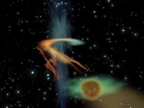 Een computer-animatie van het zwarte gat (bij de blauwe streep) die de planeet of ster (de gouden bal) langzaam opslokt.