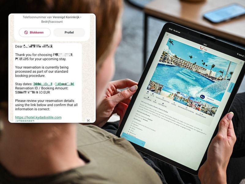 Illustratiebeeld TUI en een verdacht berichtje na het datalek. De persoonlijke info is onherkenbaar gemaakt door de redactie van HLN.
