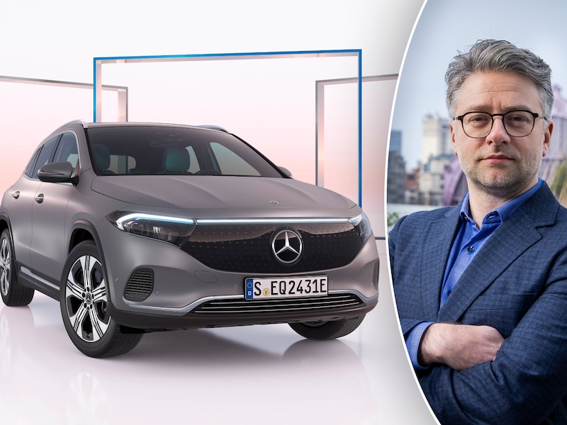 De Mercedes-Benz EQA 250+. Rechts: onze mobiliteitsexpert Brecht Vanhaelewyn.