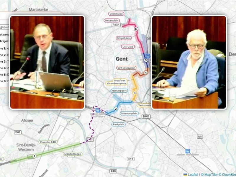 Dit is het traject dat tram 7 zal volgen. Het groene stuk, richting Parkbos, werd al geschrapt. Inzet: Actievoerders Luc Desmedt en Marc Verhaeghe van Wij Willen Een Halte