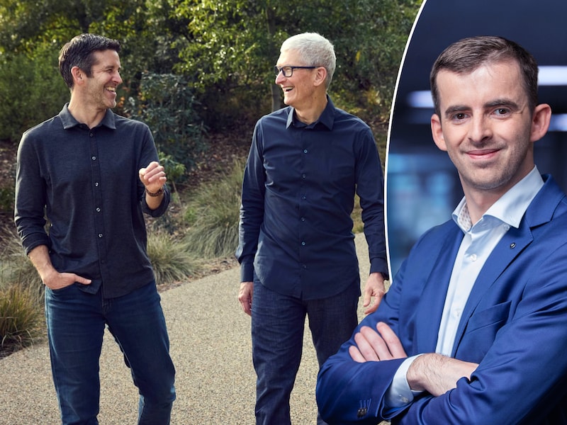 De toekomstig CEO John Ternus en zijn voorganger Tim Cook. HLN-beursexpert Pieter Slegers legt uit welke invloed die wissel voor beleggers heeft.