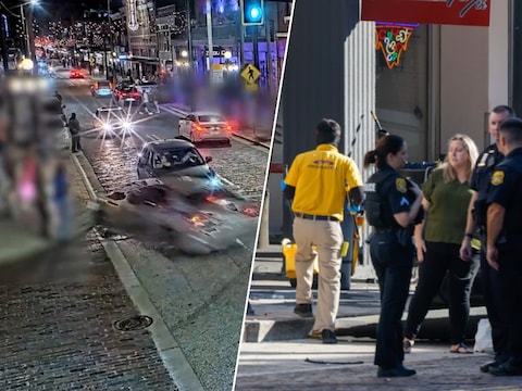 Bewakingsbeelden tonen hoe een bestuurder inrijdt op een groep feestende mensen in de historische wijk Tampa.