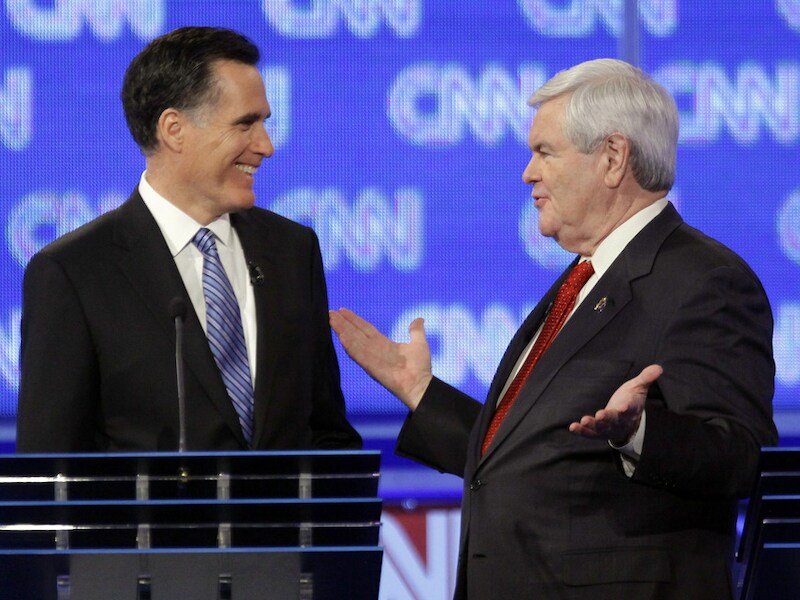 Mitt Romney en Newt Gingrich tijdens het CNN-debat gisterenavond.