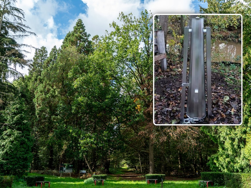 Ingang van het Arboretum Koekelare, illustratie hondenpoepzuil