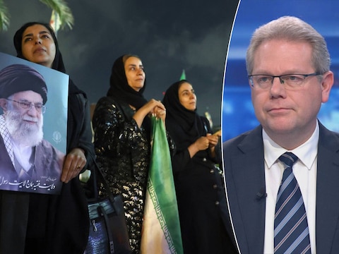 Links: mensen uit Iran die rouwen om de dood van de Opperste leider Khamenei / Rechts: professor geopolitiek David Criekemans