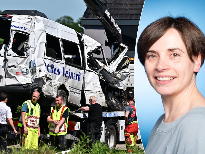 Links: de schoolbus werd getakeld na het ongeval. Rechts: Debra Van den Abbeele van de federale politie.