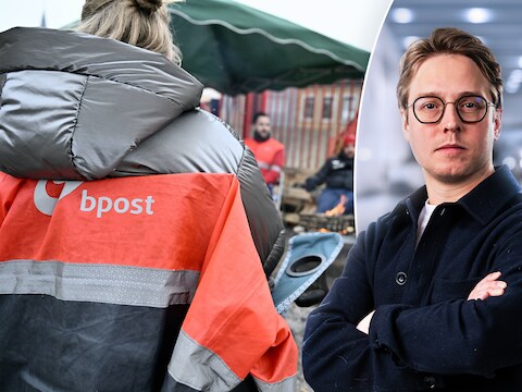 Een beeld van de stakingspost aan het distrubtiecentrum van bpost in Luik. Rechts: politiek journalist Timmie van Diepen.