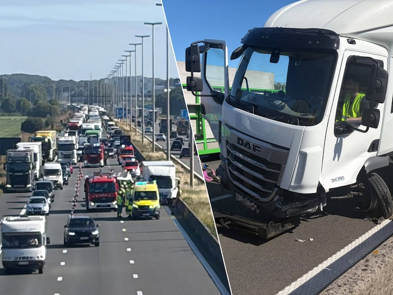 De vrachtwagen en lichte vrachtwagen kwamen met elkaar in botsing op de E17 in Waregem.