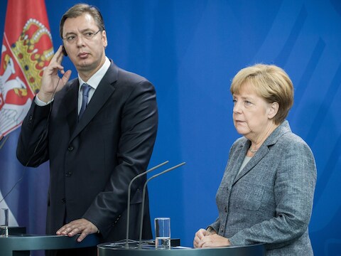De Servische premier Aleksandar Vucic met de Duitse Bondskanselier Angela Merkel eerder deze maand.