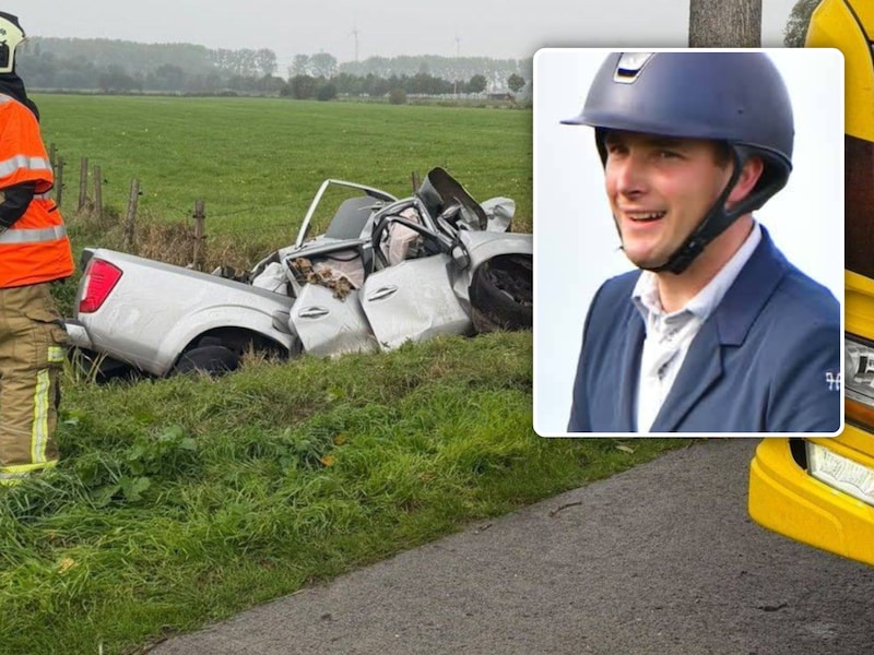Een brandweerman bij het verhakkelde voertuig na het ongeval. Foto inzet: slachtoffer Rob Blondeel.