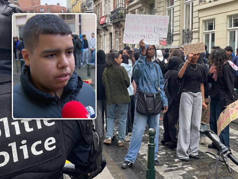 Studenten komen vandaag op straat om te protesteren tegen de besparingen in het Franstalig onderwijs. Foto inzet: scholier Amir Waddaf is aanwezig en spreekt met VTM Nieuws.