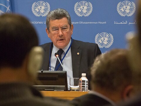 Uruguay's VN-Ambassadeur Elbio Rosselli - hij is momenteel de voorzitter van de Veiligheidsraad - hier aan het woord tijdens de persconferentie gisteren.