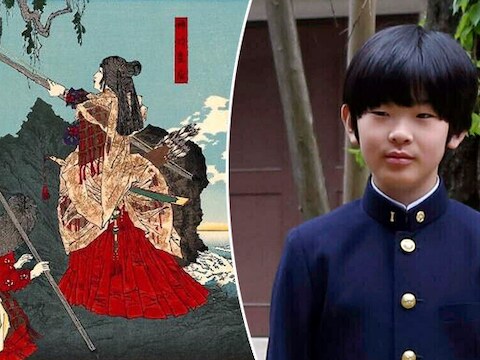 Keizerin Jingu (links). Rechts de laatste hoop van de Japanse monarchie: prins Hisahito (12).