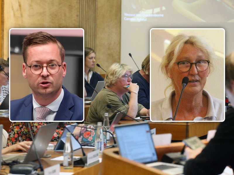 archiefbeeld van de gemeenteraad in Kortrijk / (inzetten: archiefbeelden van Vlaams Belang-fractieleider Wouter Vermeersch en Groen-fractieleider Marleen Dierickx)