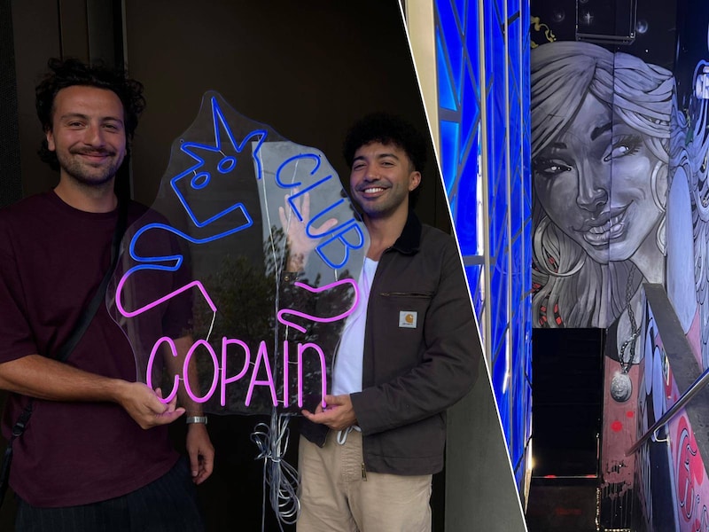 Basil Buyse en Younes Hicham van team Café Copain op de Oude Beestenmarkt met het nieuwe logo., Club Copain bevindt zich onder het café.
