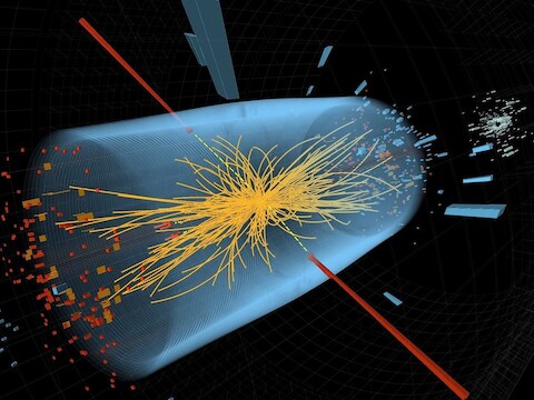 Grafische voorstelling van de botsing van protonen in de deeltjesversneller van het CERN.