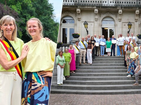 Elsie Sierens en Sofie Vanden Hove / Gemeentebestuur Destelbergen met de kersverse ereschepenen en -raadsleden