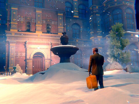 Een jonge Hercule Poirot voor de deur van het ondergesneeuwde Van den Bosch-landhuis. Hier zou het dan zijn begonnen voor de Brusselse detective, zegt deze game.