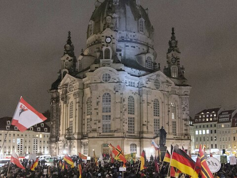 Protestmars van Pegida in Dresden tegen de "islamisering van het Westen".