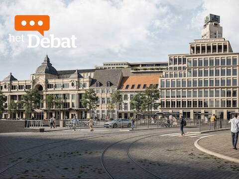Hoe het Hilton-hotel op de Groenplaats er, volgens de simulatiebeelden van Fernand Huts (inzet), zou uitzien als de nieuwe bouwlagen op het hotel vergund worden.